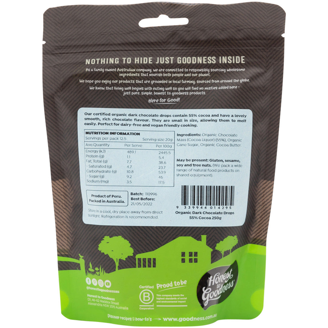 Honest to Goodness Organic Dark Chocolate Drops 55% Cocoa